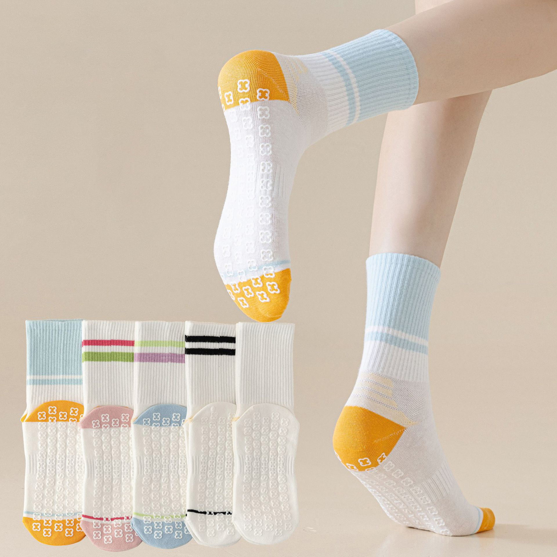 Grip Sock Yoga - 2 ペアノンスリップグリップソックススリッパ屋内夏シリコーン滑り止めヨガ通気性女性ミッドカーフジムルームスライディング 8W92