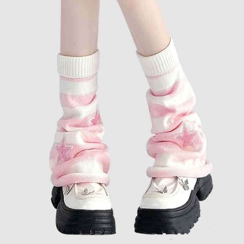 Boot Sock Slouchy - Y2K ストライプ レッグウォーマー スター ラインストーン ニット
