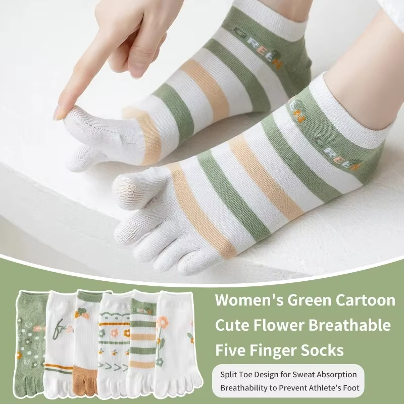 Toe Sock Split - 女性用春と夏のシーズンのかわいい、甘い、ファッショナブルなストライプフラワーの快適な5本指分割つま先ソックス3足。