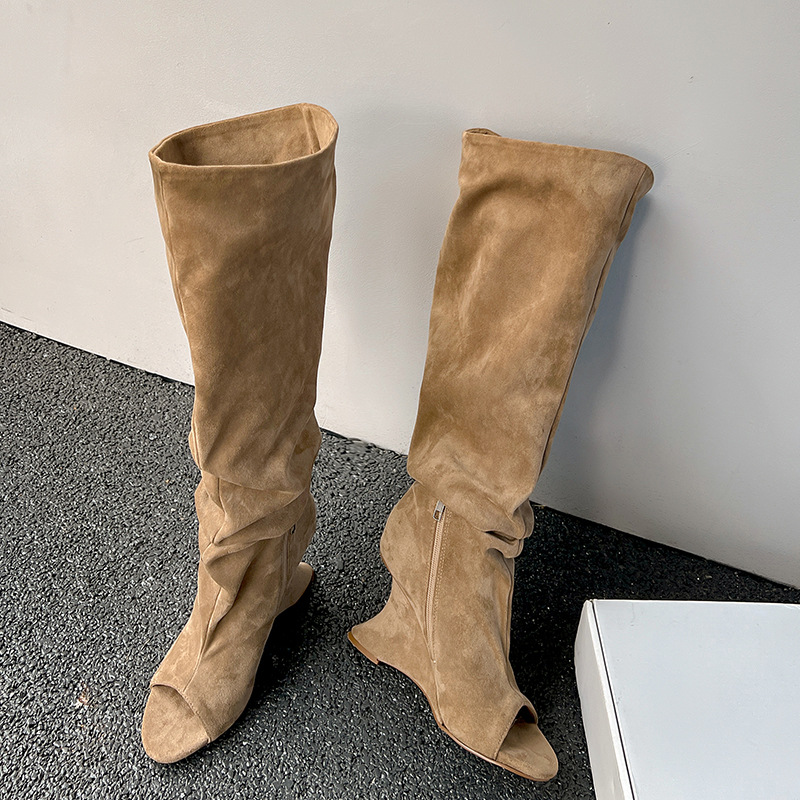 Boot Sock Slouchy - AIYKAZYSDL 奇妙なウェッジヒールピープトウニーハイブーツフロックフェイクスエードだらしないストレッチブーティストリート女性のための