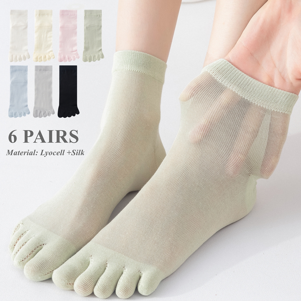 Silk Sock Bamboo - 6 ペアマルベリーシルクサマーソックス女性薄型メッシュつま先ソックス通気性ミディクルー 5 本指ソックスレディースキャンディーカラー