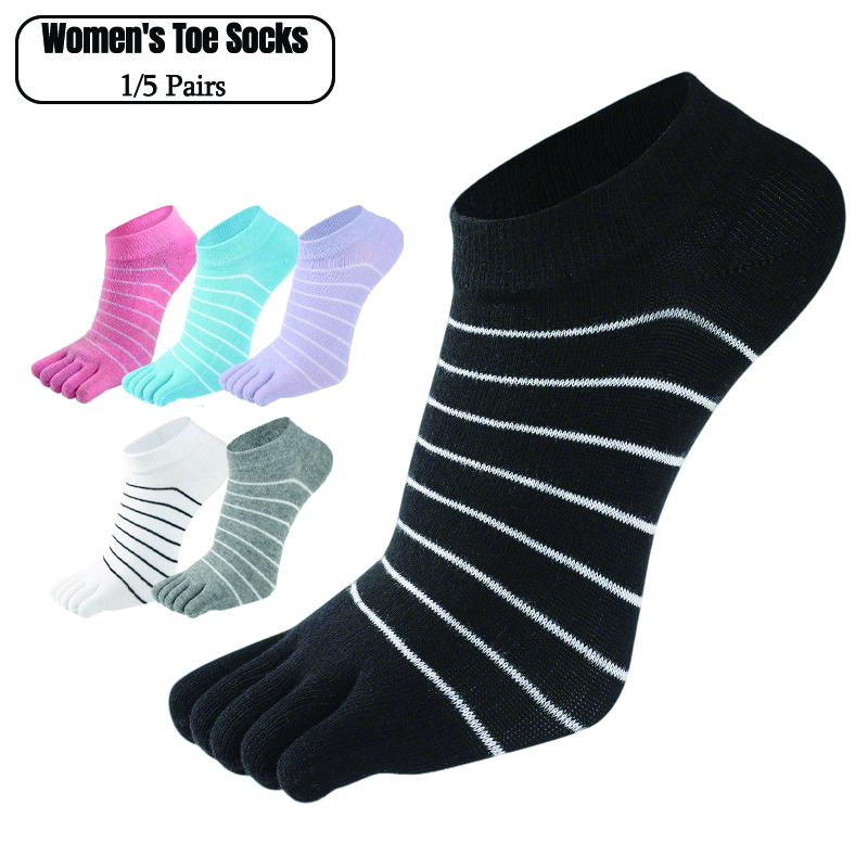 Ankle Sock Low Cut - 1/5 ペア女性ストライプ 5 本指靴下ソフトコットン通気性フィンガーアンクルソックス弾性ローカットショート 5 本指靴下