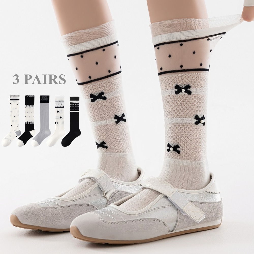 Silk Sock Bamboo - 3 ペアのかわいい女性用靴下夏用薄いシルクレースソックス花柄ちょう結び水玉模様ミディクルーソックスシームレスメッシュ積み重ね可能