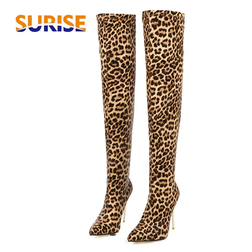 Knee High Sock Women - 女性用ヒョウオーバーニーソックスブーツ、先のとがったつま先、ハイヒールと薄いヒール、ファーストレッチ、ロング、ハイハイ、プラスサイズ、冬