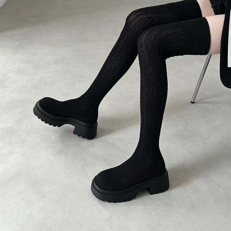 Knee High Sock Women - オーバーニーソックスブーツ 2026秋冬新作 ハイニットストレッチスリムブーツ 厚底チャンキーヒールロングブーツ