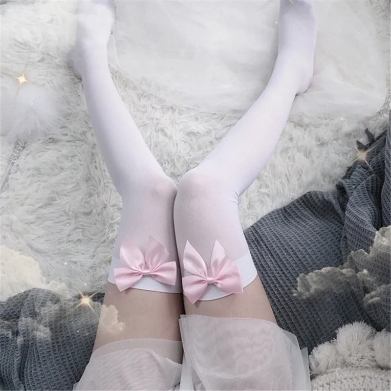 Thigh High Sock Stay Up - セクシーな女性の靴下ピンクの弓滞在腿の高シルクストッキングレディース甘い JK ロリータちょう結びロングソックス学生ストッキング