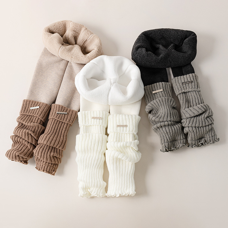 Boot Sock Slouchy - 子供用サーマル厚手レギンス、女の子用ニットフリース裏地パッチワークソックスパンツ、冬用暖かいゆったりボトムス、100-155cm