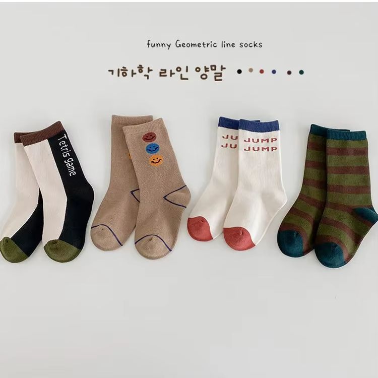 Cotton Crew Sock Pack - 子供の色コントラストクルーソックス、ふくらはぎの靴下、男の子のファッション、春、最高品質、品質保証、3-12t、パックあたり4ペア