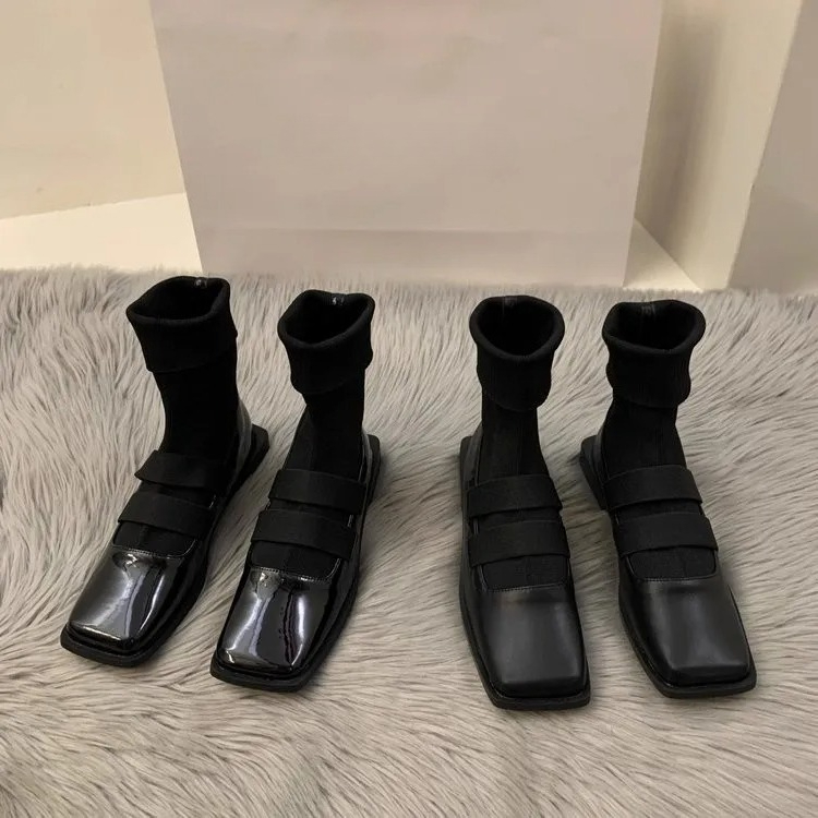 No Show Sock Women - 英国スタイルのスクエアニットソックスブーツ 2023 新しい女性のブーツ高品質痩身ローファー女性のアンクルブーツシングルシューズ