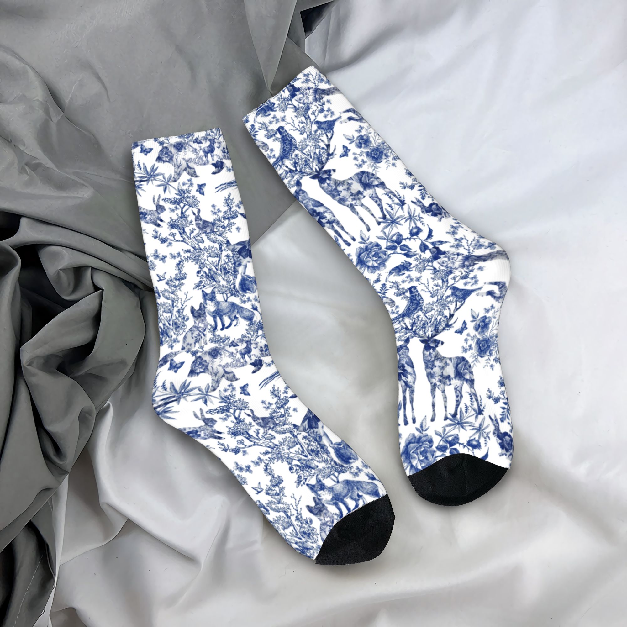 Dress Sock Men - カスタムヴィンテージフランス風トワルドジュイ クルーソックス ユニセックス 楽しい3Dプリント 花柄と動物柄の森 インディゴ柄ドレスソックス
