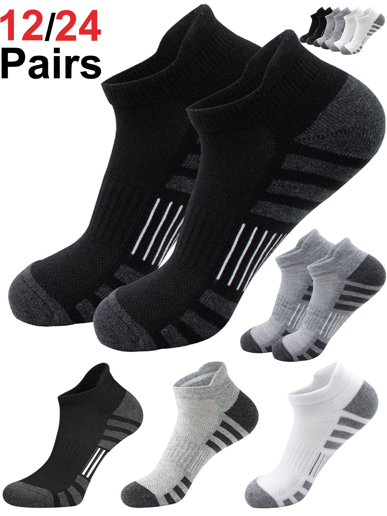 Athletic Sock Cushion - 男女兼用 クッション性のある通気性のあるアンクル丈アスレチックランニングソックス ローカットスポーツタブ 12足または24足入り 男女兼用