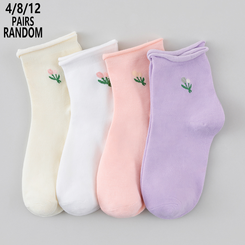 Cotton Crew Sock Pack - 4/8/12 パック ランダム レディース 花柄ミッドカーフソックス、ソフトコットン吸汗性通気性カジュアルインズトレンディ多用途デイリークルーソックス