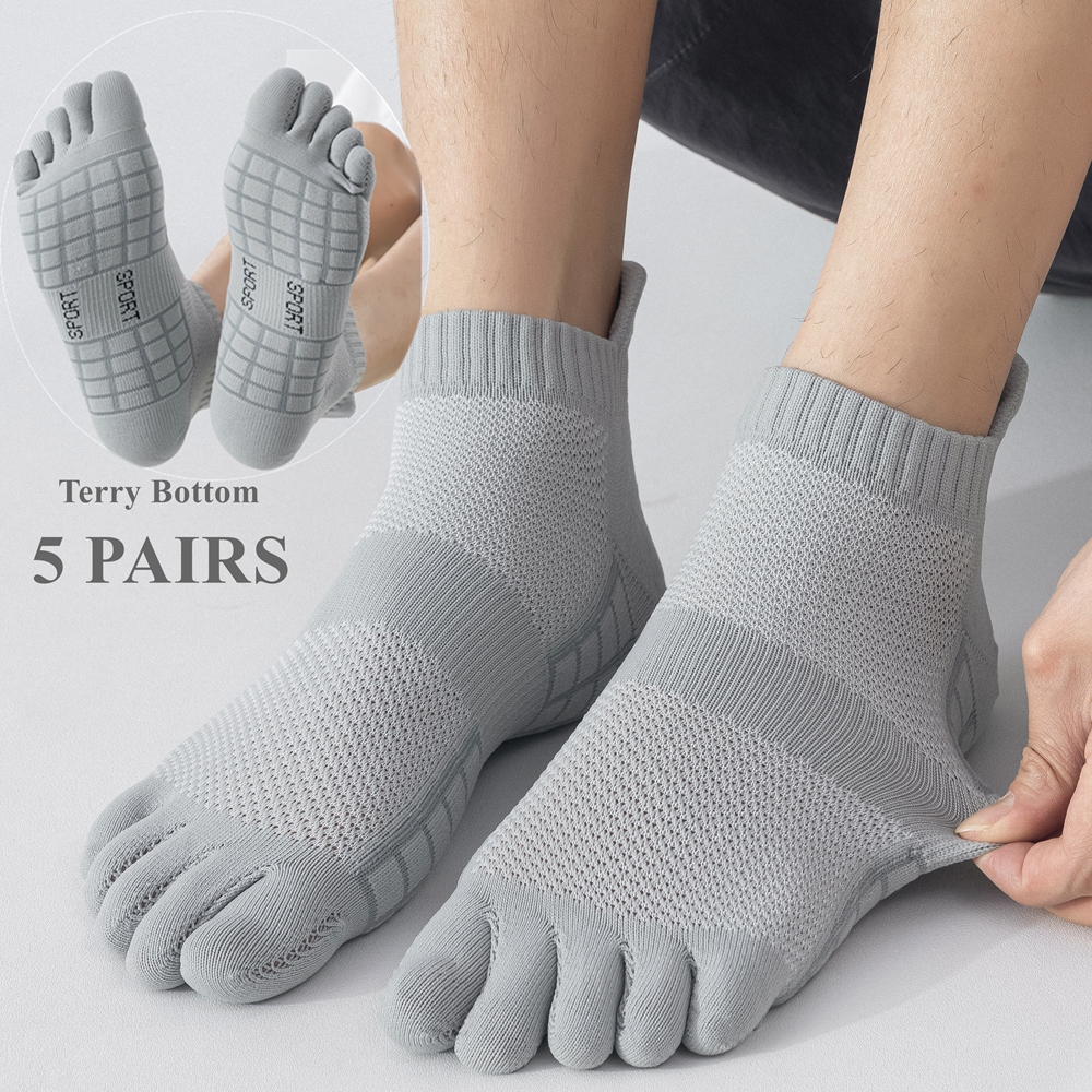 Ankle Sock Low Cut - 5 ペアスポーツつま先ソックス男性テリーソールショートアンクルソックス滑り止め 5 本指ソックス春秋メッシュ通気性