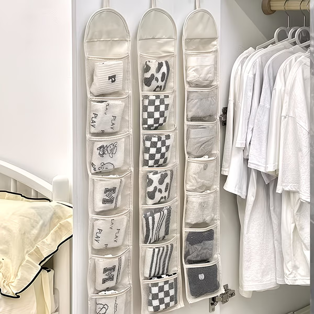 Sock Organizer Tray - ワードローブ用靴下・下着収納バッグ、ヘアアクセサリー分類整理バッグ、吊り下げ式ドア背面収納バッグ