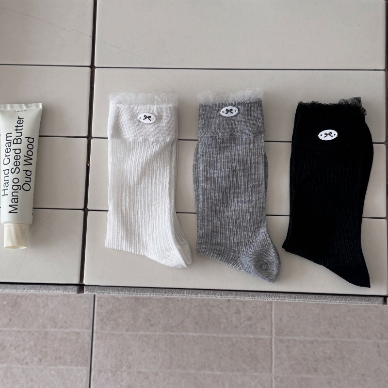 Silk Sock Bamboo - SP & CITY Summetr 薄い甘い綿パイル靴下女性のレースエッジ弓通気性カジュアルソックス桑シルクミドルチューブソックス