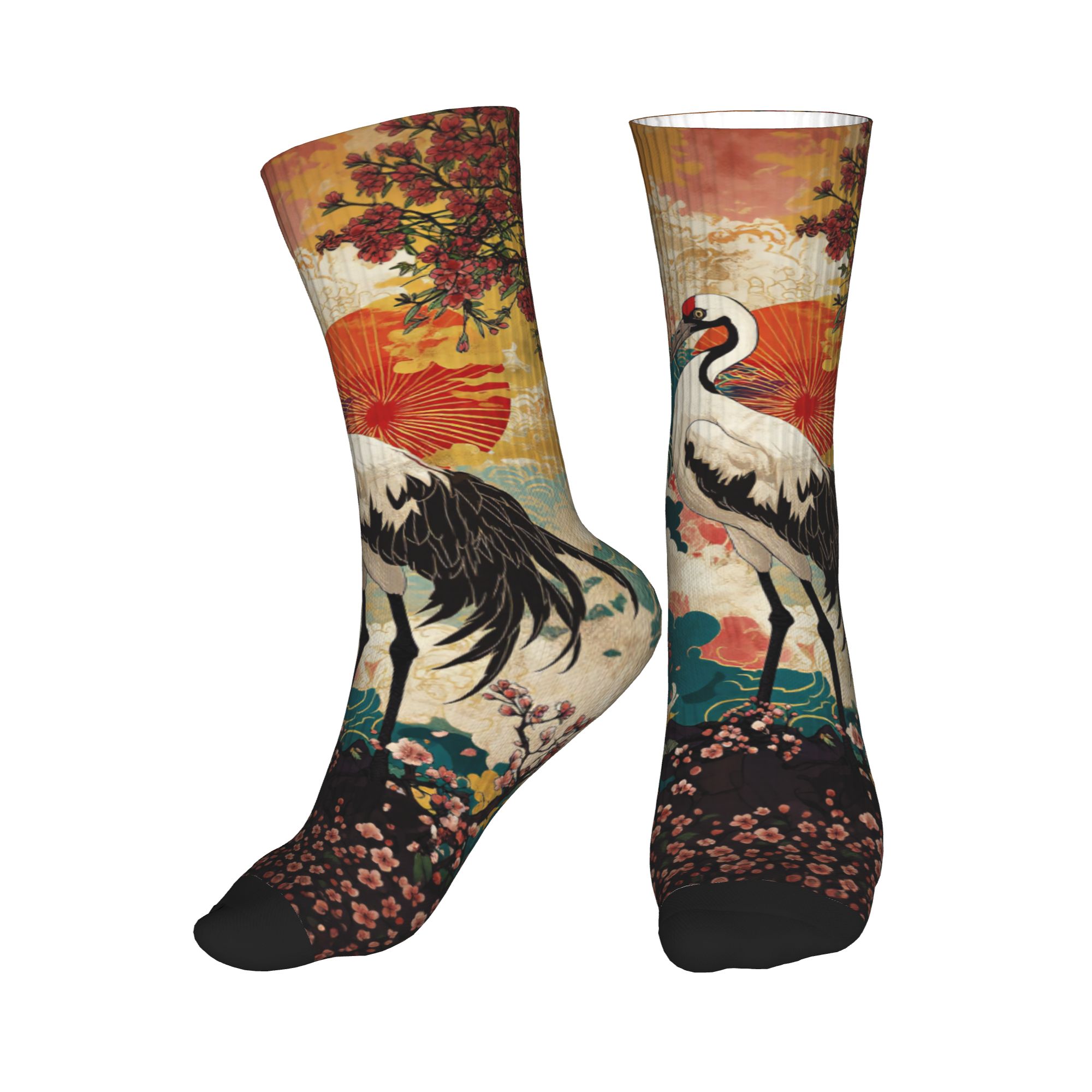 Dress Sock Men - ファッションメンズ浮世絵ダブルクレーン桜太陽オリエンタルドレスソックスユニセックス暖かいブレスベール3Dプリントクルーソックス