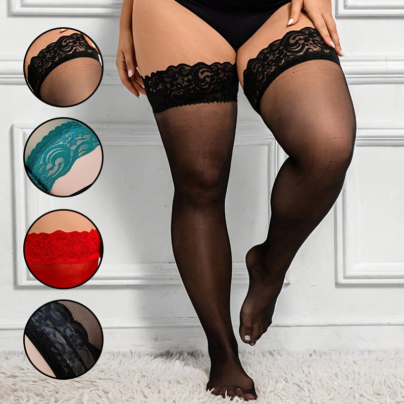 Thigh High Sock Stay Up - プラスサイズの女性用太もも丈ストッキング、超薄型レース、シリコン製ステイアップ、セクシーなロングシルクソックス、40-100kg対応