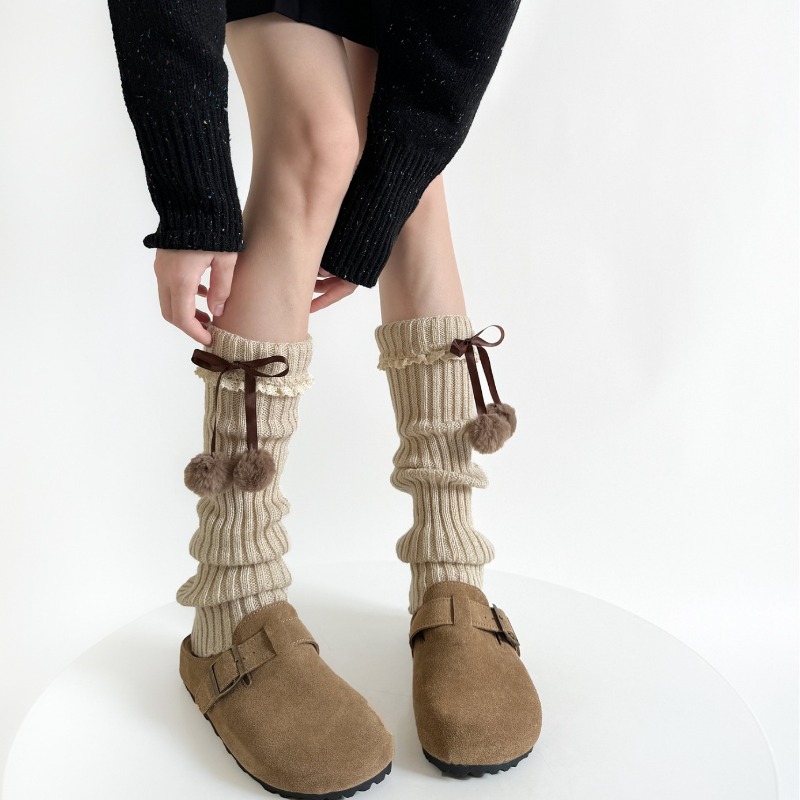 Boot Sock Slouchy - キャメルニットレッグウォーマー、ファーボールボウトリム付きルーズブーツソックス、女の子用秋冬重ね着ソックスカフスフットアクセサリー