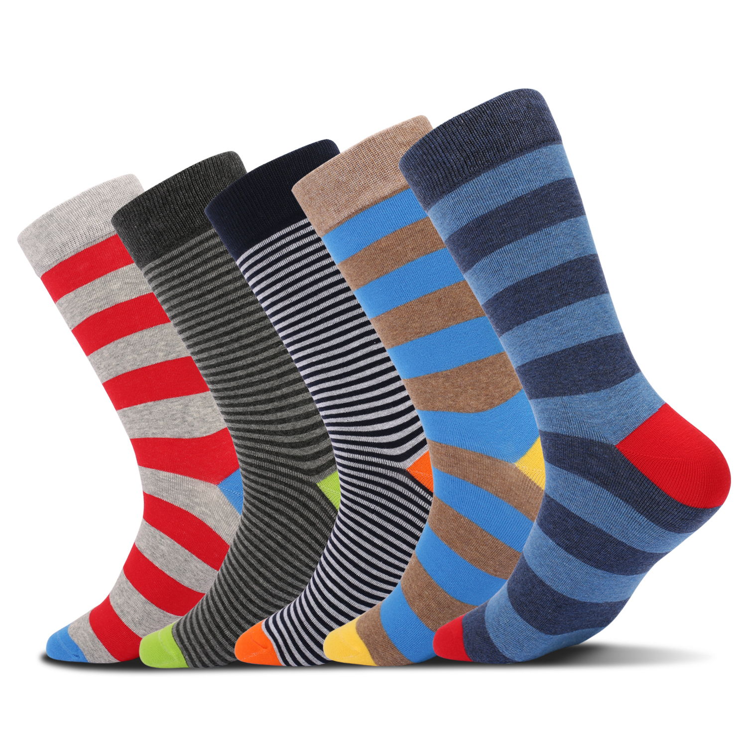 Cotton Crew Sock Pack - メンズカラフルストライプコーマ綿ソックス、ノベルティソックス、カジュアルソックス、クール、通気性、楽しいパターン、ドレス、5ペア