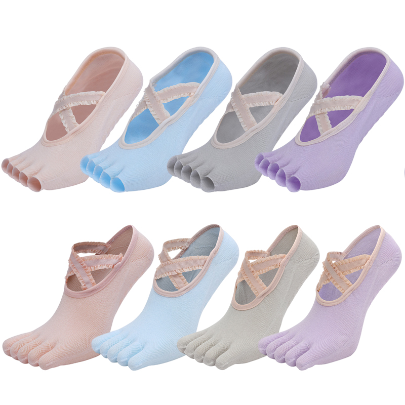 Toe Sock Split - 5本指のヨガソックス,レース,クロスストラップ,滑り止め,バレエ,コットン,ヒール