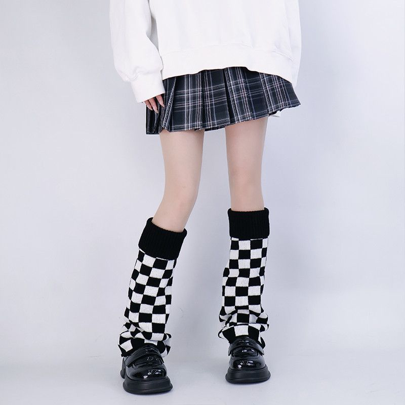 黒白チェック柄レッグウォーマーニットだらしないソックス原宿ゴ - Boot Sock Slouchy のレビューと価格