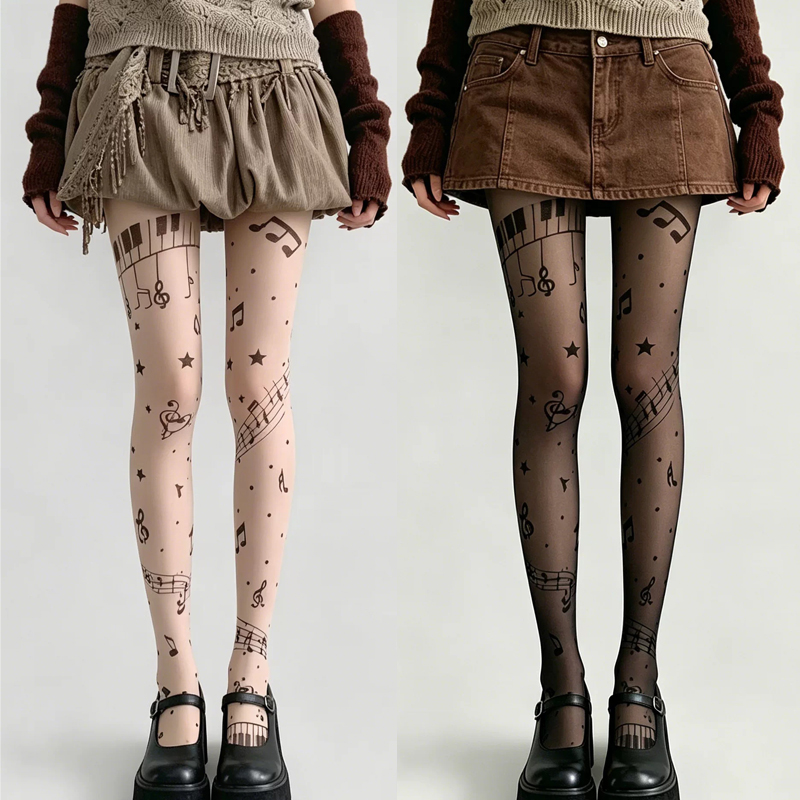 Y2K 音符プリント薄手のパンストレトロ音楽パターン弾性タイ - Tights Pantyhose Sheer のレビューと価格