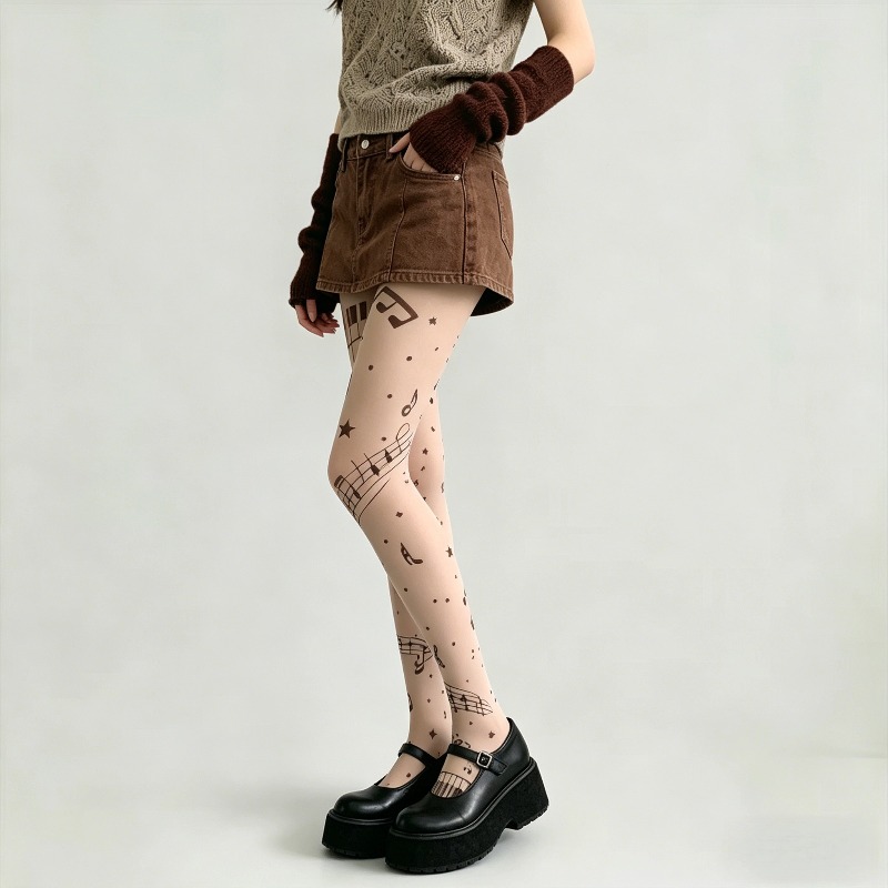 Y2K 音符プリント薄手のパンストレトロ音楽パターン弾性タイ - Tights Pantyhose Sheer のレビューと価格