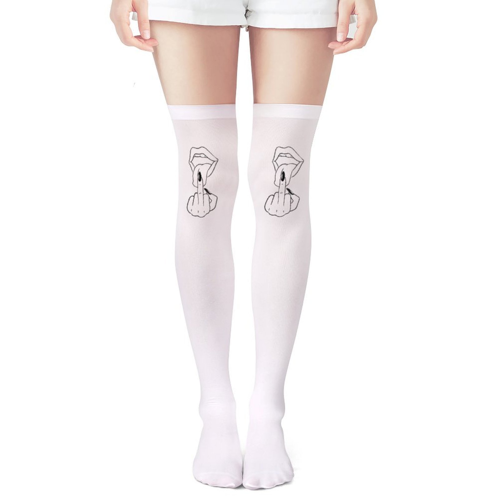 レディース用白い中指模様、赤いリッププリントの太ももソックス - Knee High Sock Women のレビューと価格