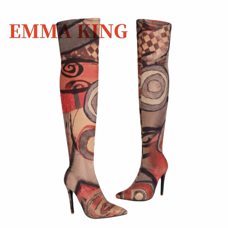 レディースアートプリント太もも丈ブーツ、ポインテッドトゥステ - Knee High Sock Women のレビューと価格