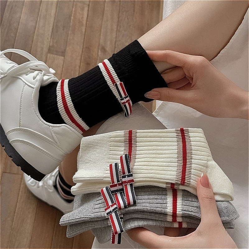 女性用3足組コーマ綿ストライプボウクルーソックスプレッピース - Cotton Crew Sock Pack のレビューと価格