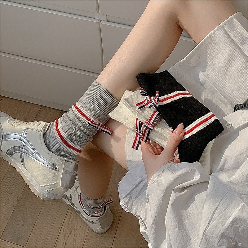 女性用3足組コーマ綿ストライプボウクルーソックスプレッピース - Cotton Crew Sock Pack のレビューと価格