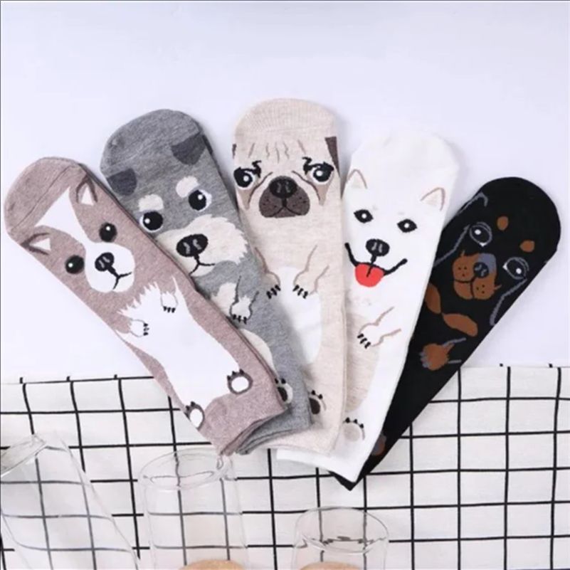 5 ペア/パック面白い漫画犬ノベルティ子犬クルーアートハッピ - Cotton Crew Sock Pack のレビューと価格