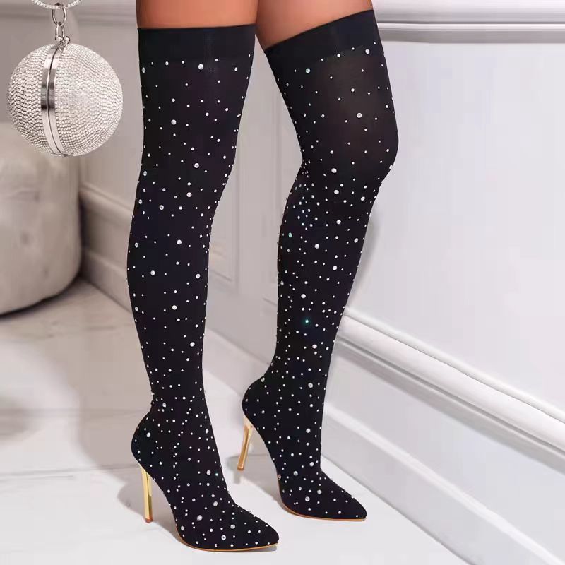 ラインストーン付きスリムレッグストレッチソックスブーツ レデ - Knee High Sock Women のレビューと価格