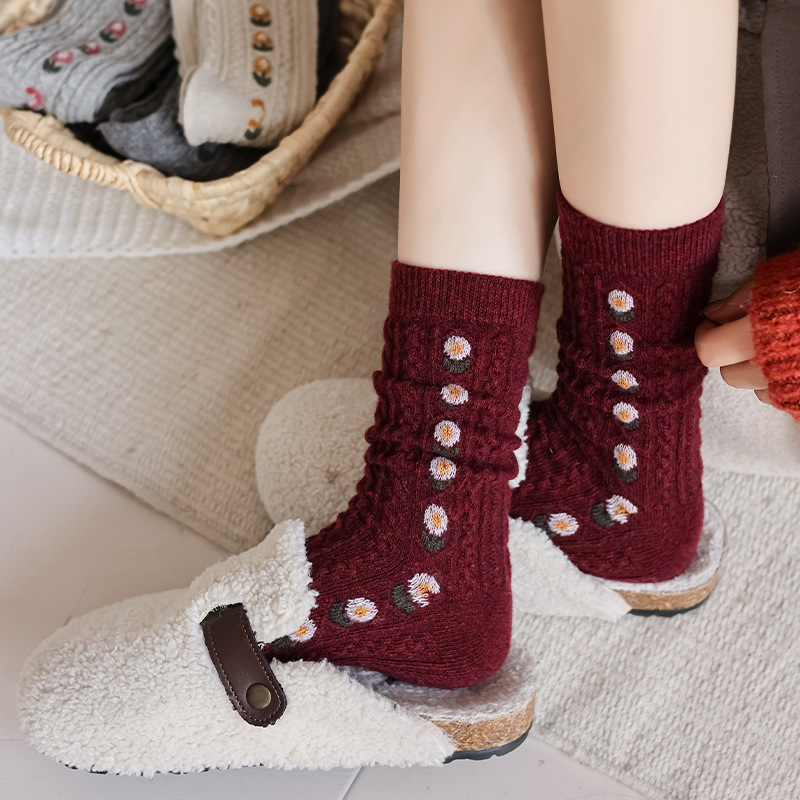 韓国風スイートフローラルウールミッドカーフソックスケーブルニ - Boot Sock Slouchy のレビューと価格
