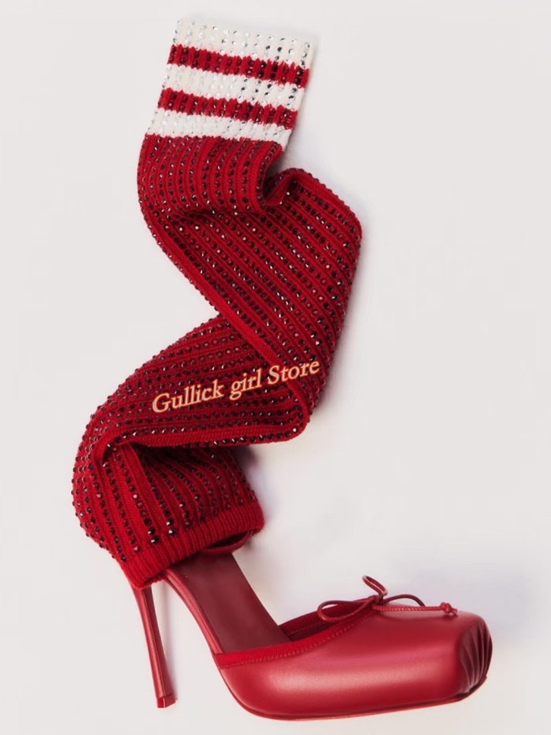 赤いニット生地のスクエアトゥブーツ、カットアウトデザイン、ス - Knee High Sock Women のレビューと価格