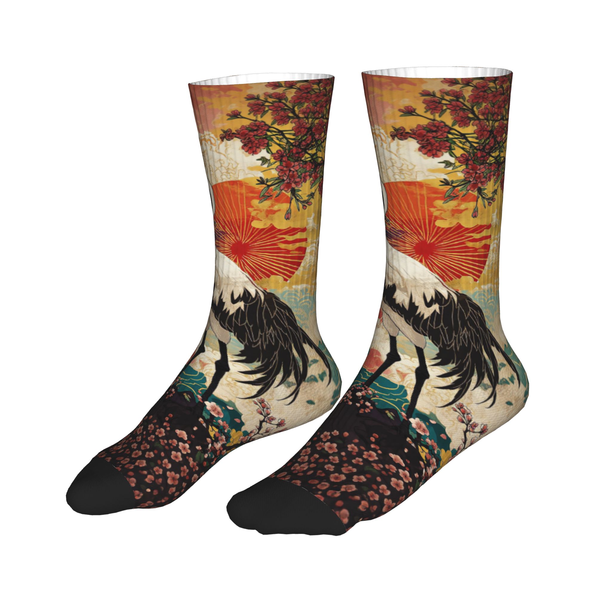 ファッションメンズ浮世絵ダブルクレーン桜太陽オリエンタルドレ - Dress Sock Men のレビューと価格