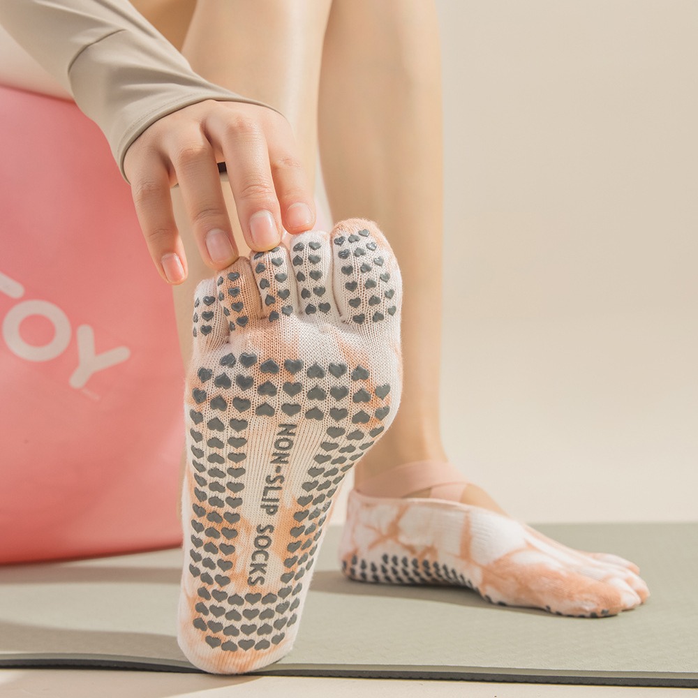 女性用タイダイ柄5本指グリップヨガソックス、ストラップ付きス - Toe Sock Split のレビューと価格