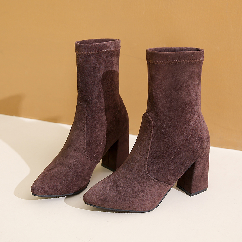 冬の新作チャンキーヒールのおしゃれなアンクルブーツ、レディー - No Show Sock Women のレビューと価格